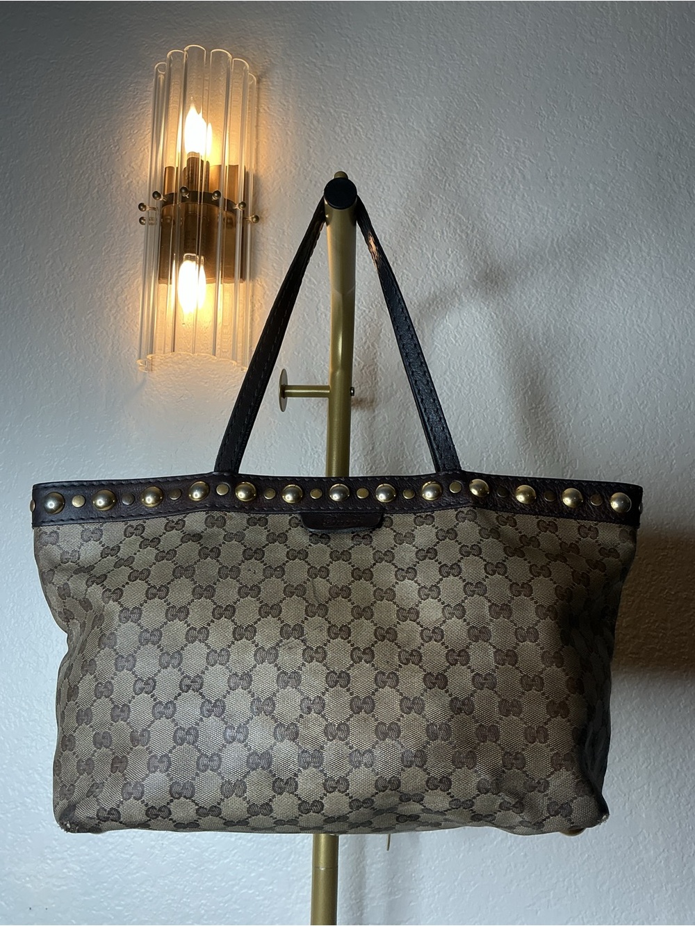 Gucci Brown Monogram Tote Bag with Stud Trim - Picture 16 of 16